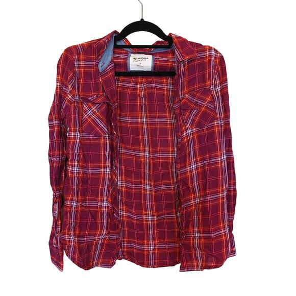 Arizona Jean Co Size Medium M Red Orange Plaid Button Up Long Sleeve Top Shirt - Picture 3 of 10